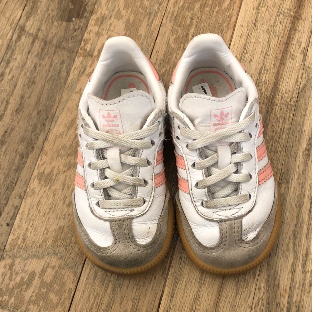 Adidas Kids White and Pink Sneakers with Gray Accents